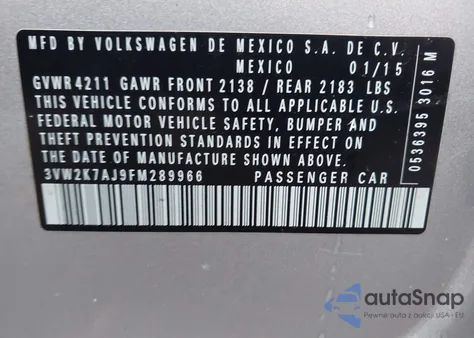 2015 Volkswagen Jetta 2.0L S из США, поврежденный, VIN 3VW2K7AJ9FM289966